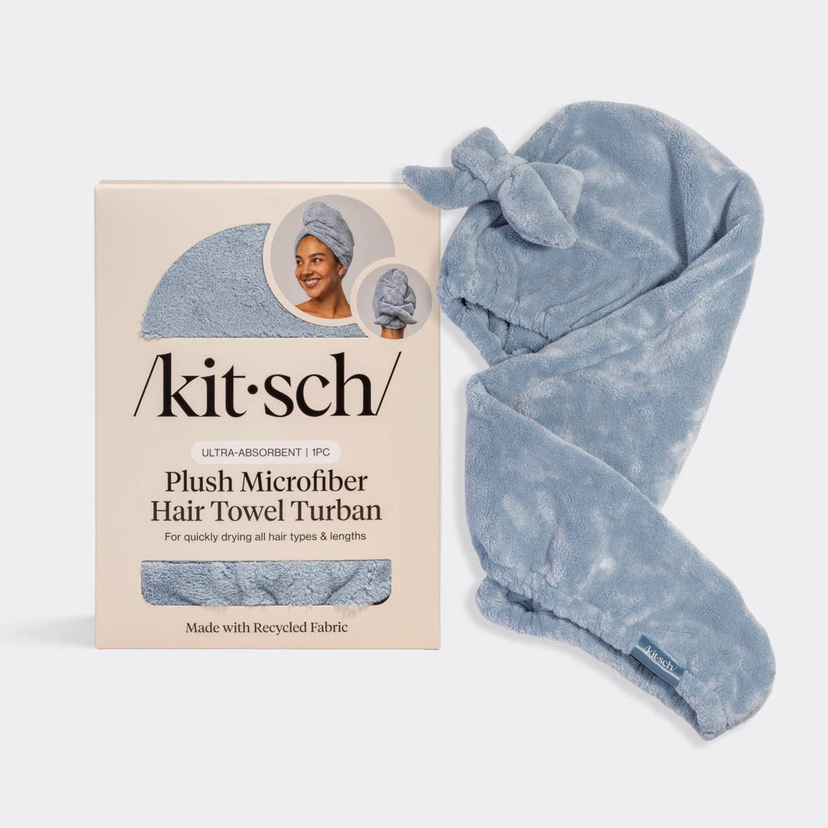Coastal blue plush microfiber hair towel turban with bow, soft and gentle, reducing drying time and frizz