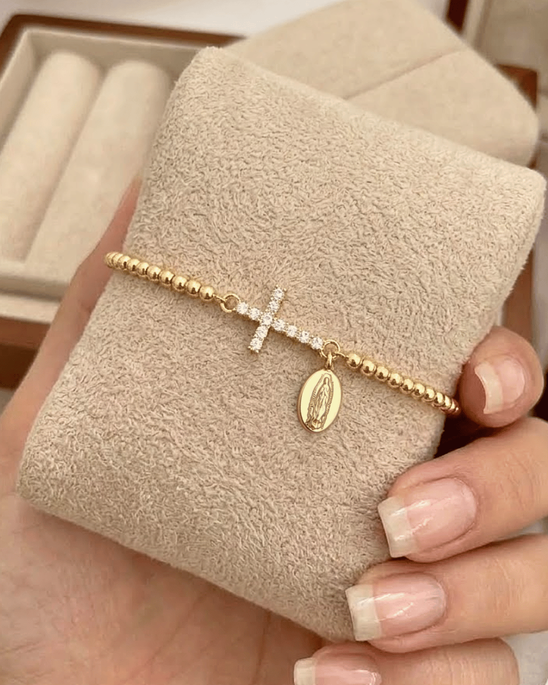 Zirconia Cross Virgin Mary Charm Gold Bead Adjustable Bracelet-W