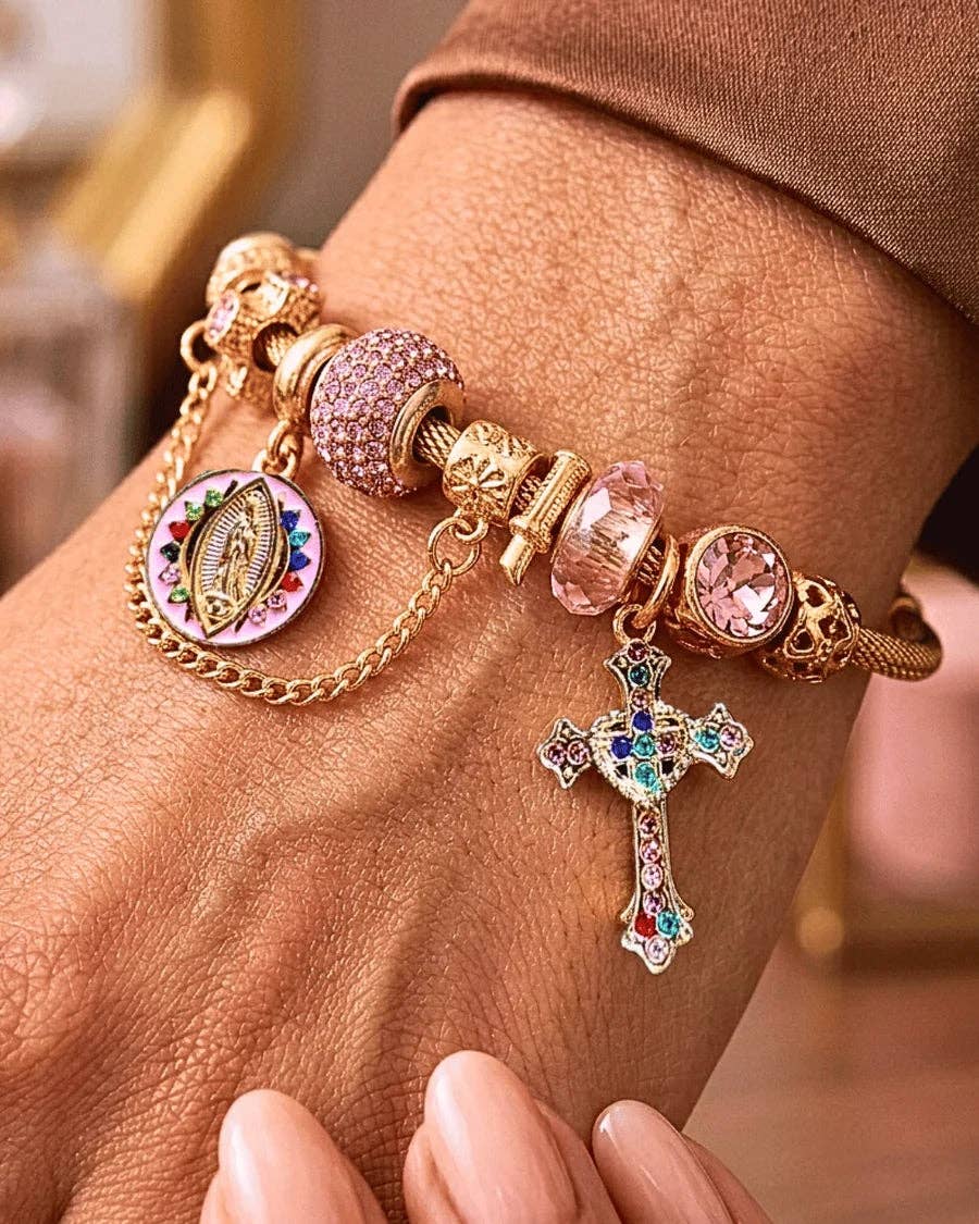 Pink Crystal & Faith Cross Charm Statement Bracelets-W: Faith Crystal Charm Statement Bracelet