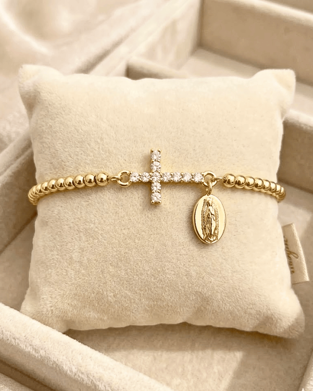 Zirconia Cross Virgin Mary Charm Gold Bead Adjustable Bracelet-W