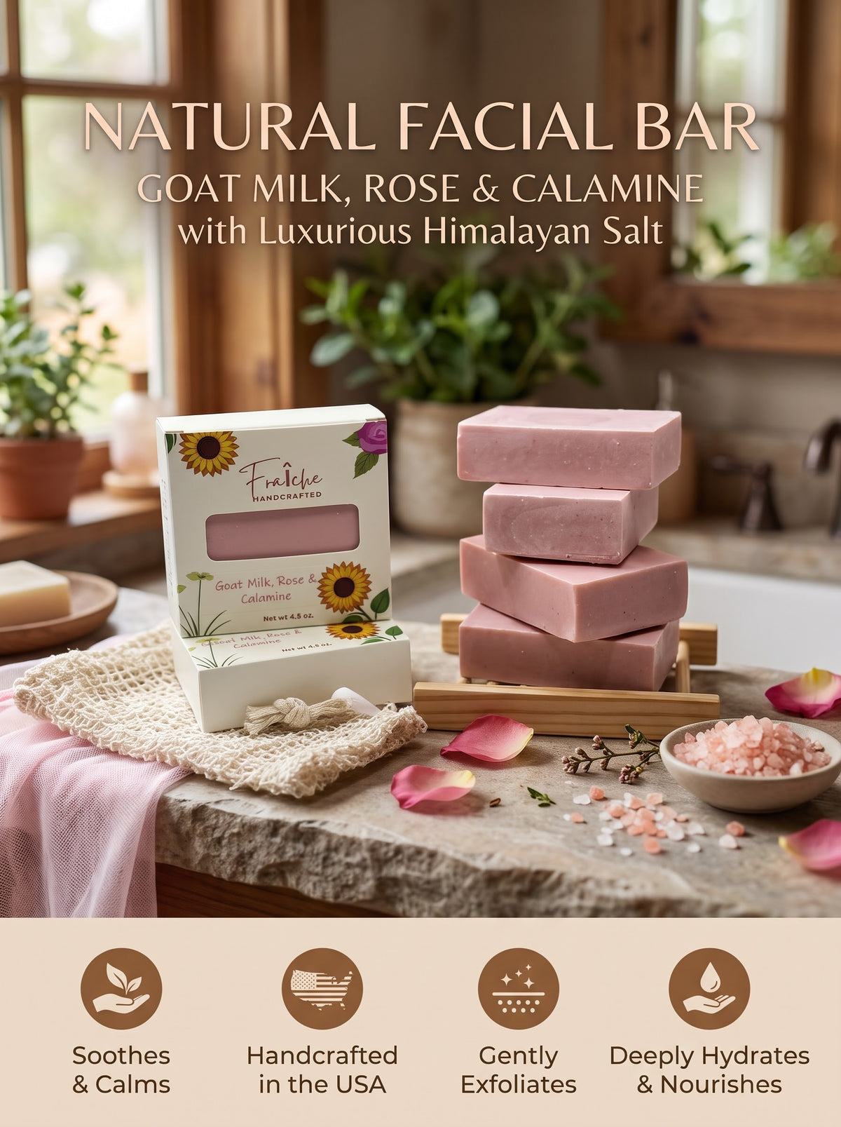 Rose Goat Milk & Calamine Facial Bar - 4oz luxurious Himalayan Salt