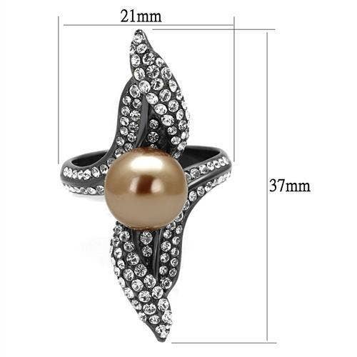 IP Light Black  (IP Gun) Stainless Steel Ring with Synthetic Pearl in Brown: 10