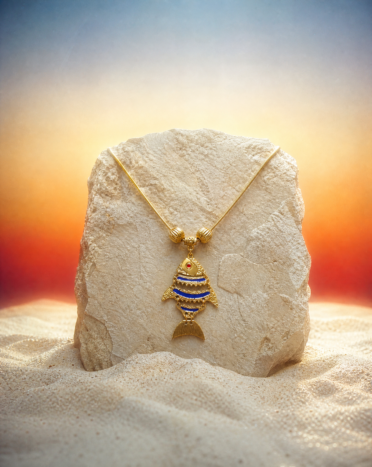 Gold Fish Necklace with black and white enamel stripes, gold detailing, and fine gold chain from Handmade Summer Collection