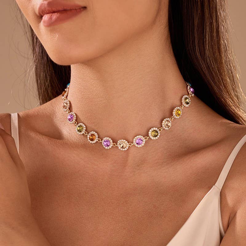 Rainbow Crystal Halo Statement Choker Multi