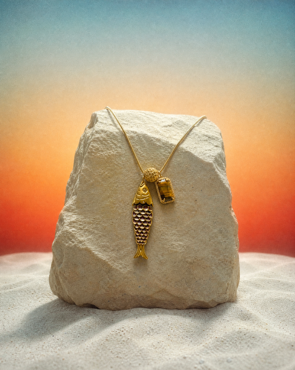 Close-up of handmade goldfish necklace with 18k gold plating and natural stones from the Ojo de Tigre summer collection