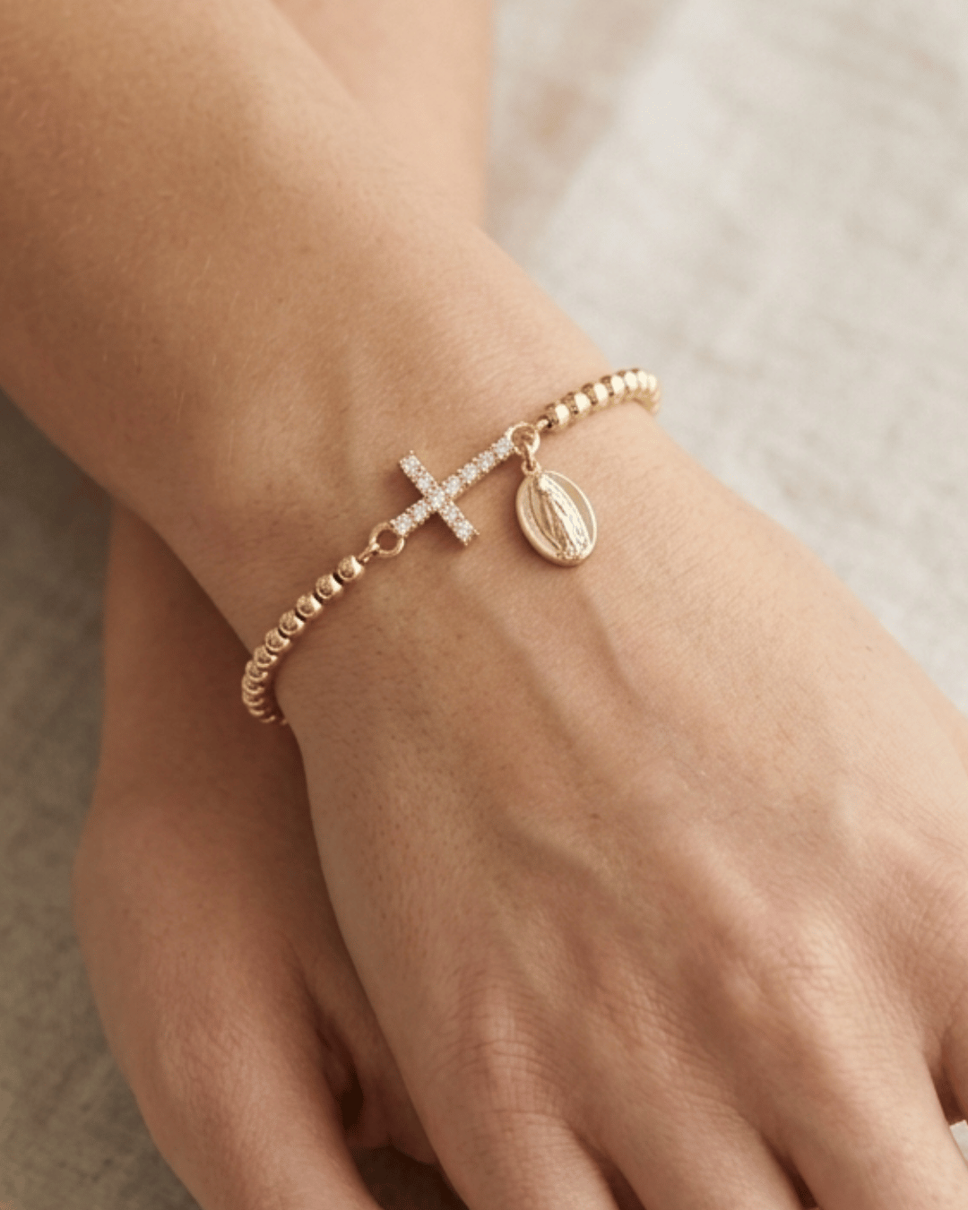 Zirconia Cross Virgin Mary Charm Gold Bead Adjustable Bracelet-W
