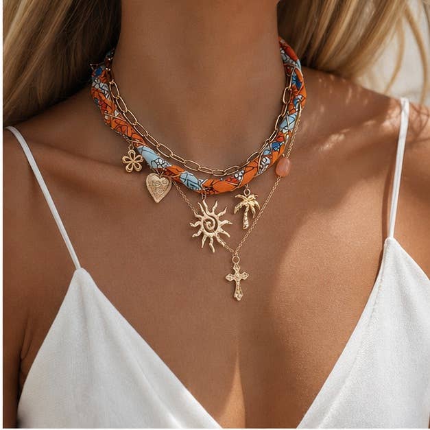 Starfish and Shell Charm Layered Scarf Necklace: A8