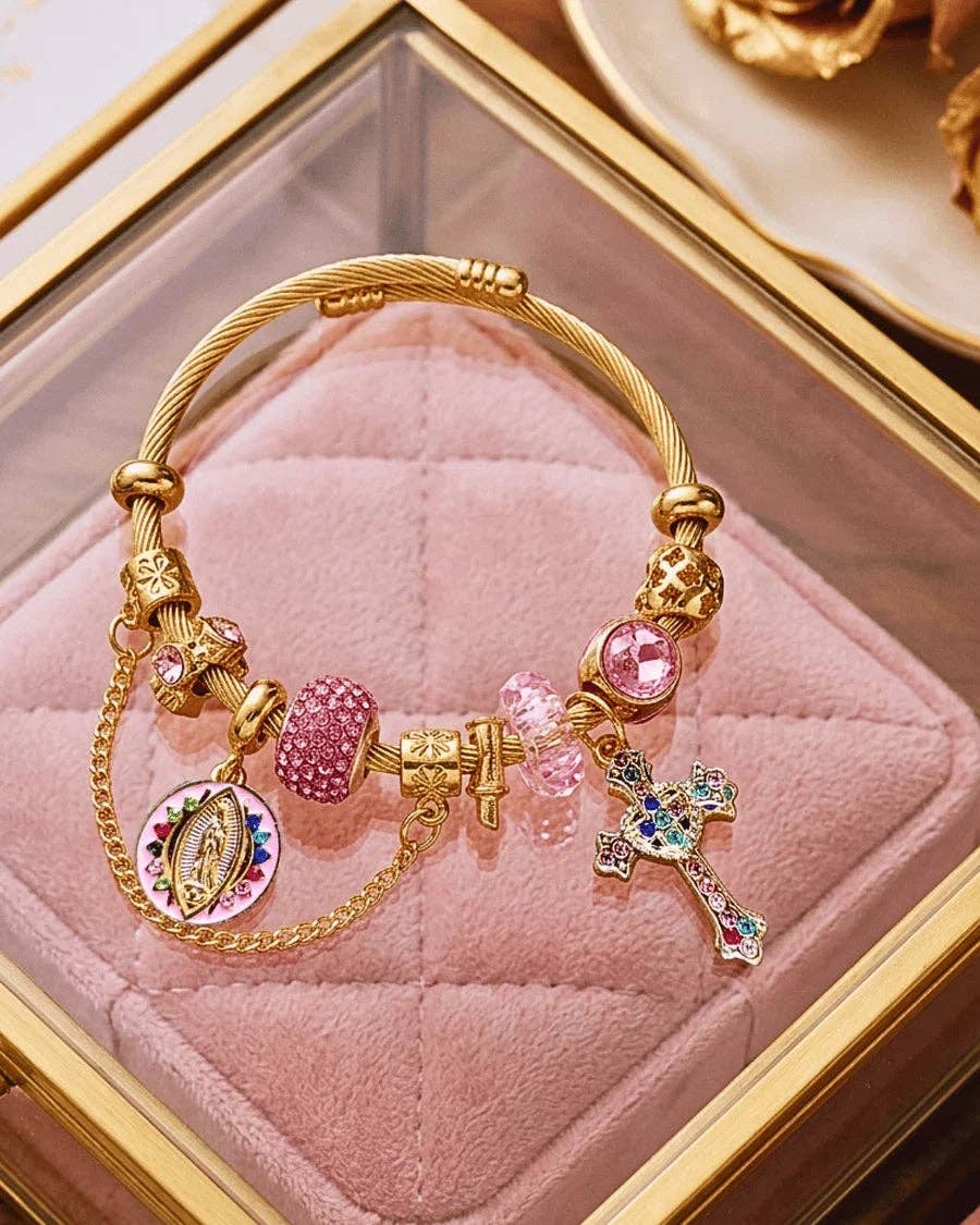 Pink Crystal & Faith Cross Charm Statement Bracelets-W: Faith Crystal Charm Statement Bracelet