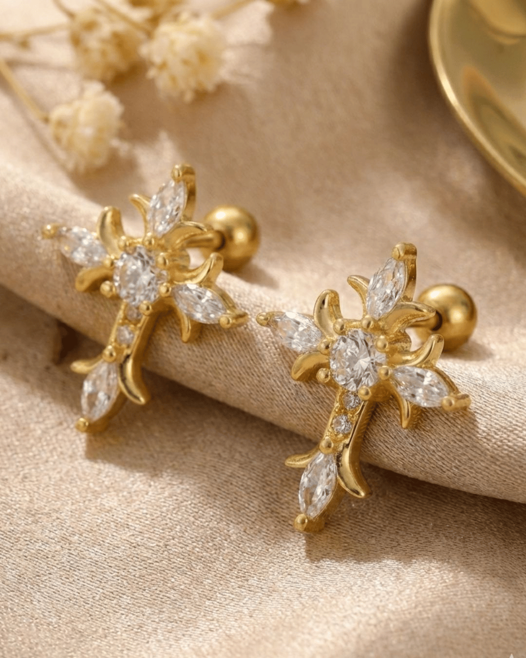 Faith Zirconia Cross gold earrings with sparkling zirconia stones and flat back design