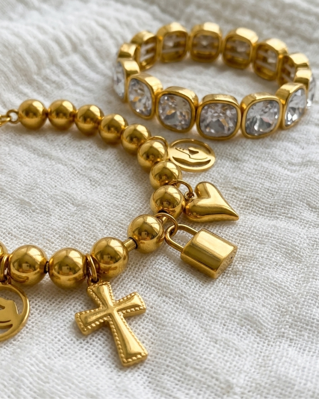 Big White Crystal & Charm Bead Bracelets-W: Faith Charm Bead Bracelet
