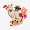 Artisanal Enamel Cat and Flower Brooch Pin