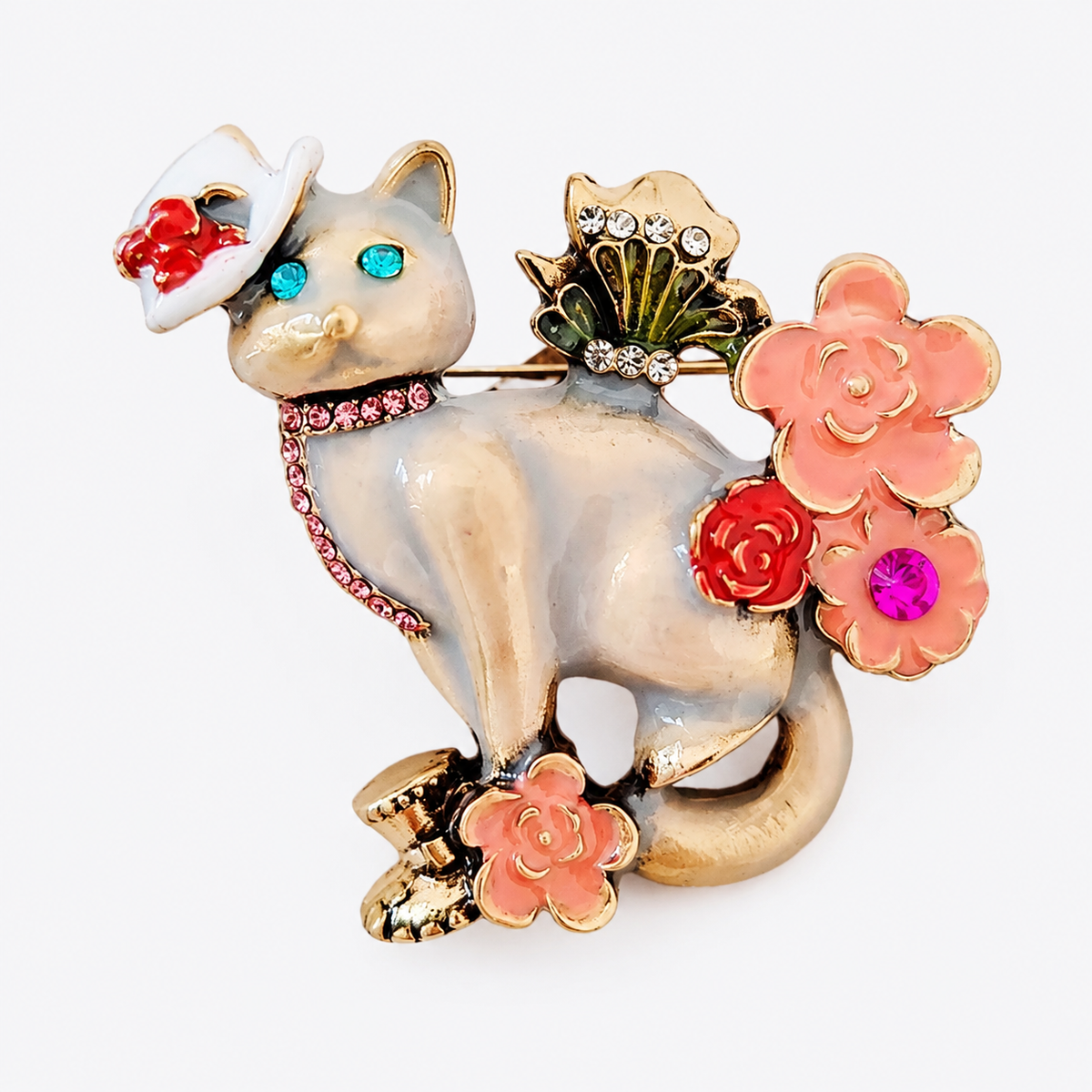 Artisanal Enamel Cat and Flower Brooch Pin