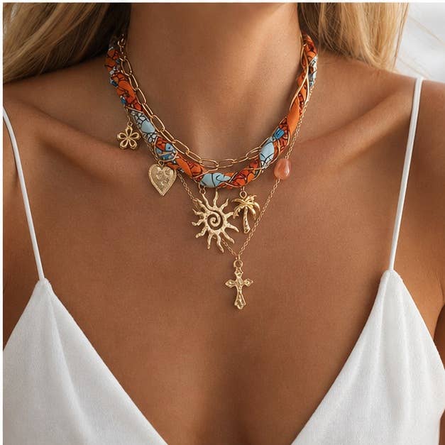 Starfish and Shell Charm Layered Scarf Necklace: A8