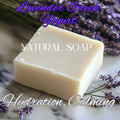 Lavender Greek yogurt soap bar with purple lavender flowers and creamy texture