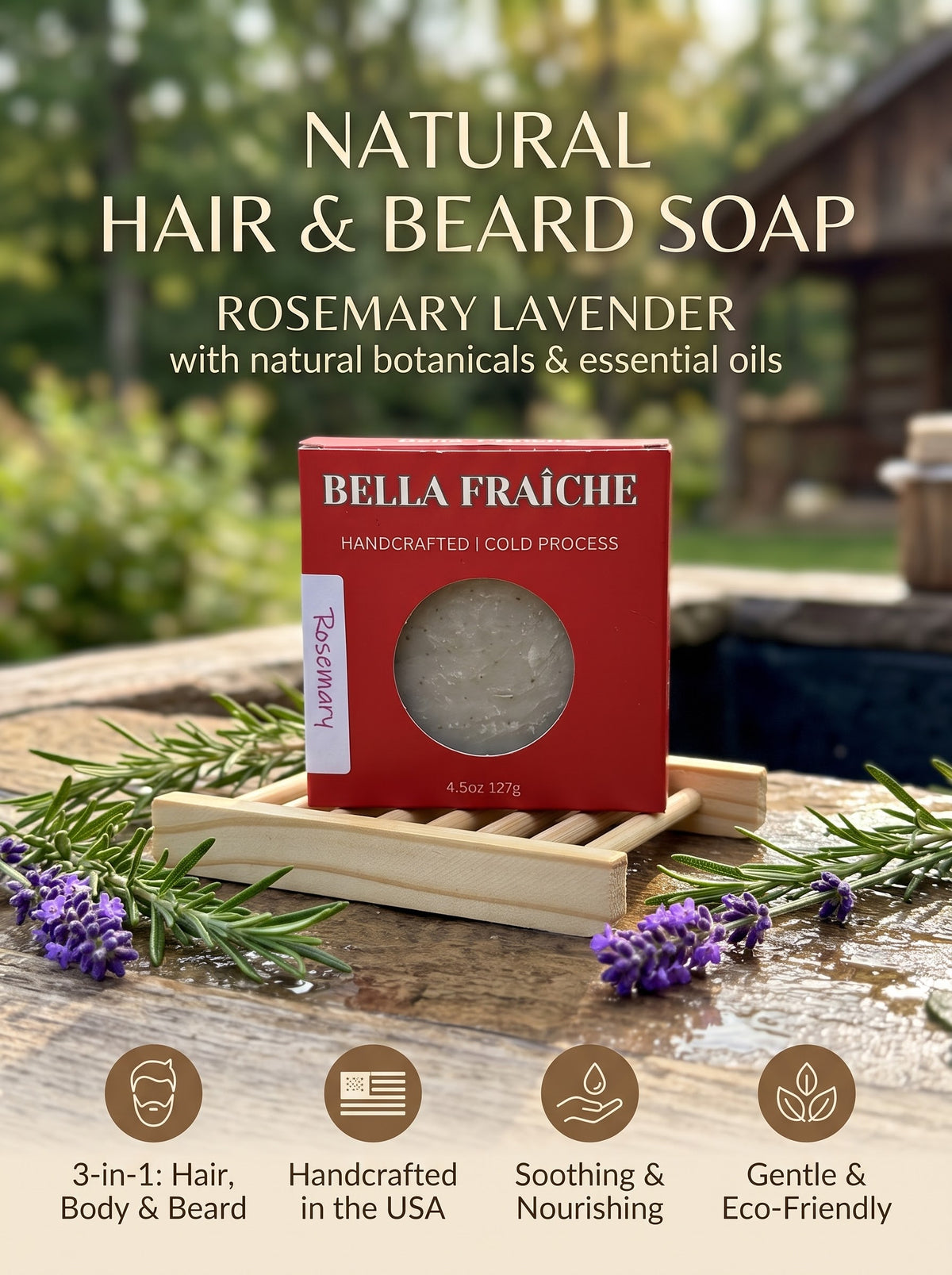 Rosemary Lavender Hair Body & Beard Bar Soap - Multi-Use | Bella Fraîche