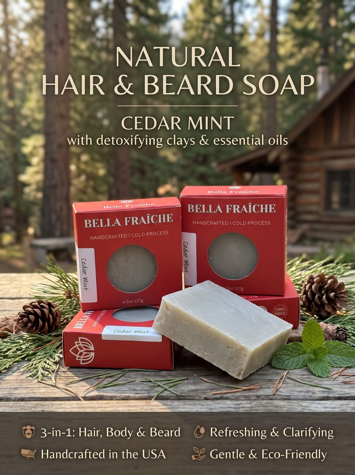 Cedar Mint Hair & Beard Bar Soap - Natural Shampoo Bar | Bella Fraîche