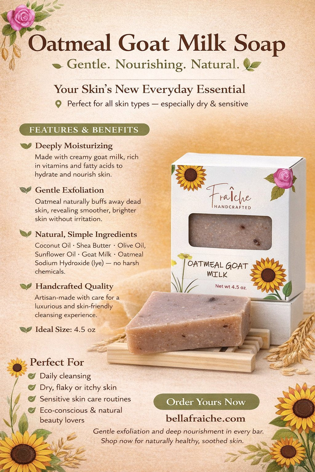 Oatmeal Goat Milk Soap - Natural Handmade Bar | Bella Fraîcheluxurious
