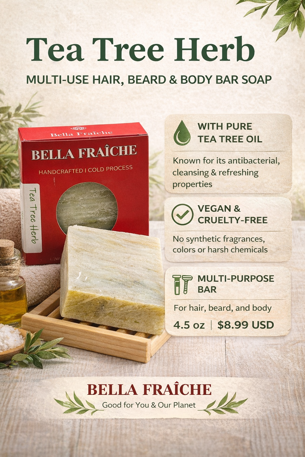 Tea Tree - 4.5 oz - Hair & Beard Bar Soap
