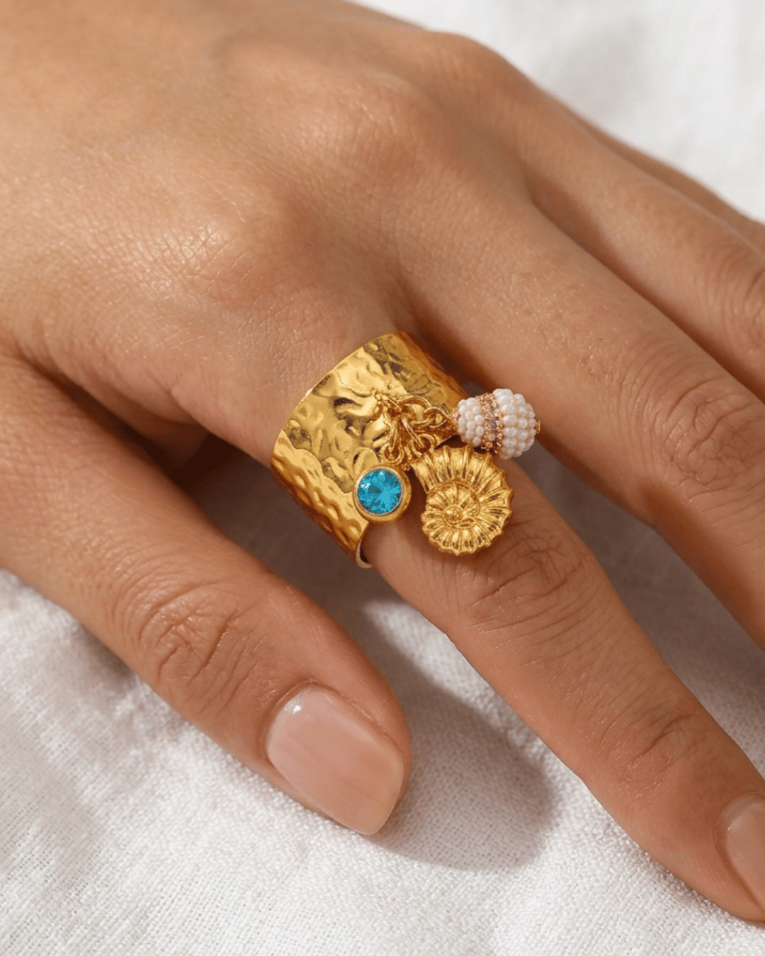 Summer Seashell Charm Gold Adjustable Cuff Ring-W