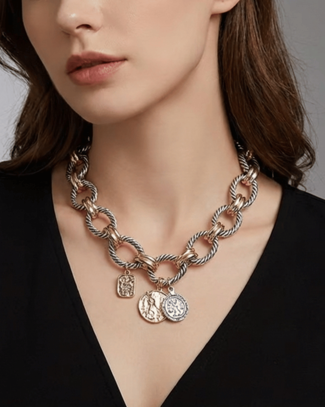 Alloy Duo Toned Roman Coin Chunky Necklace-W