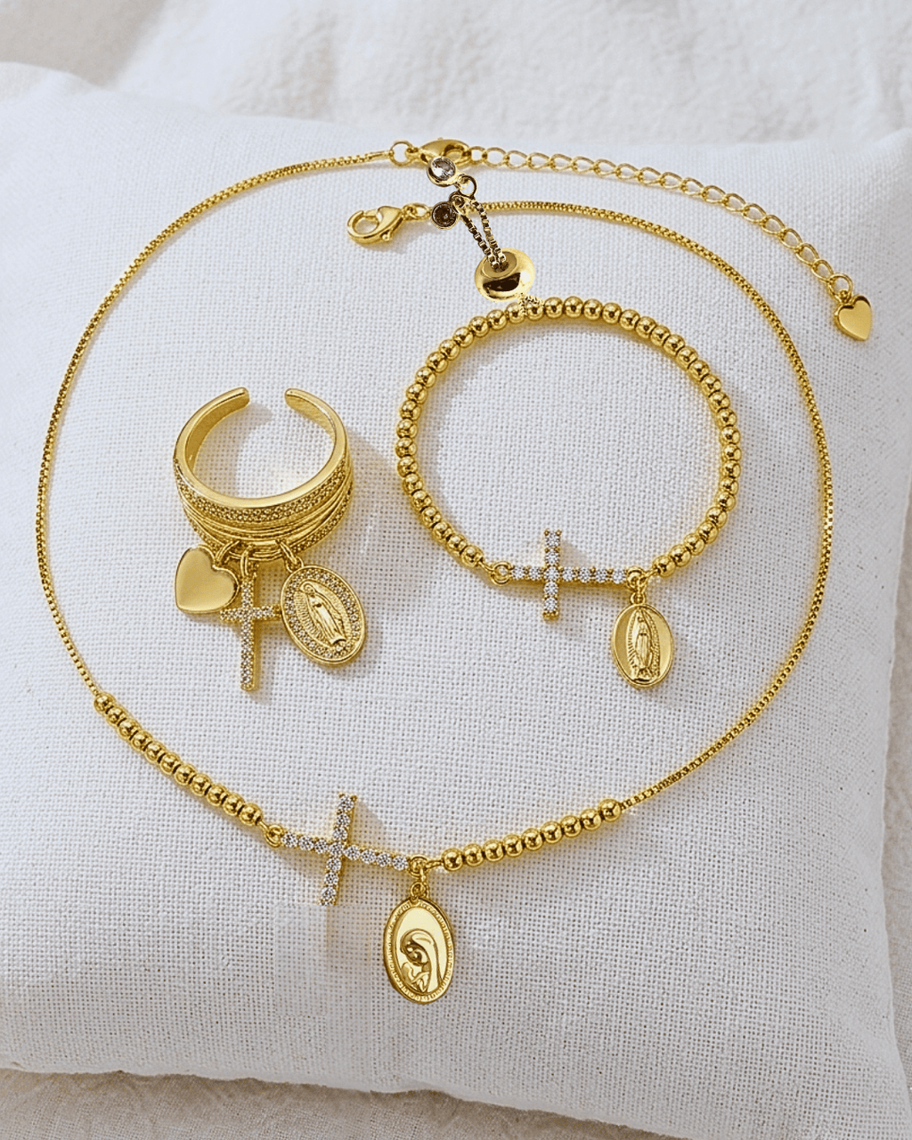 18K Gold Plated Zircon Cross Faith Set- Virgin Mary Zircon Cross Beaded Gold Necklace