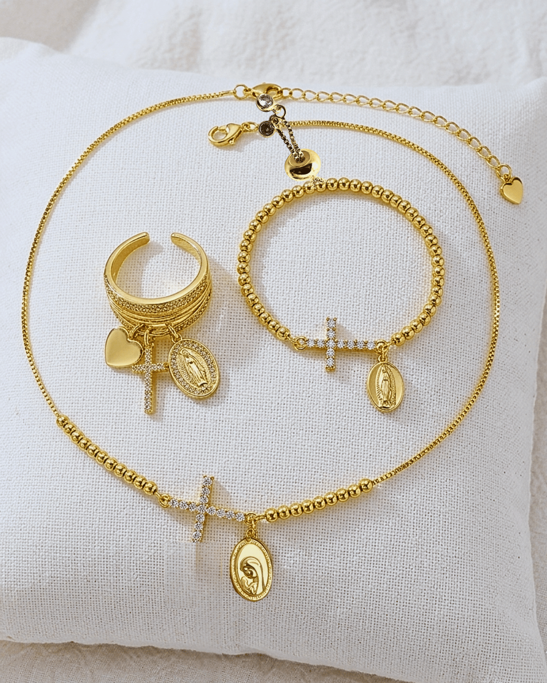 18K Gold Plated Zircon Cross Faith Set- Virgin Mary Zircon Cross Beaded Gold Necklace