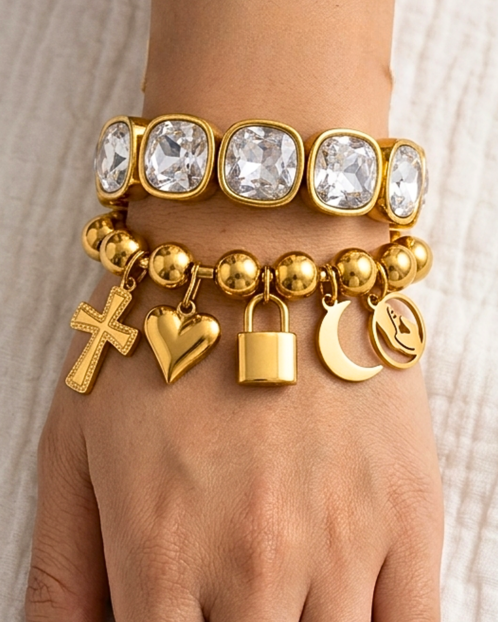 Big White Crystal & Charm Bead Bracelets-W: Faith Charm Bead Bracelet