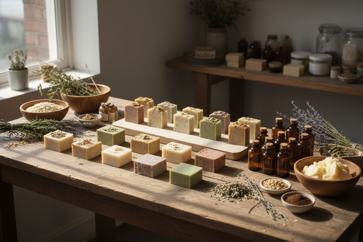 Artisan workspace with handmade soap bars, oils, and natural ingredients on a wooden table, natural light, small batch workshop feel, authentic and minimal