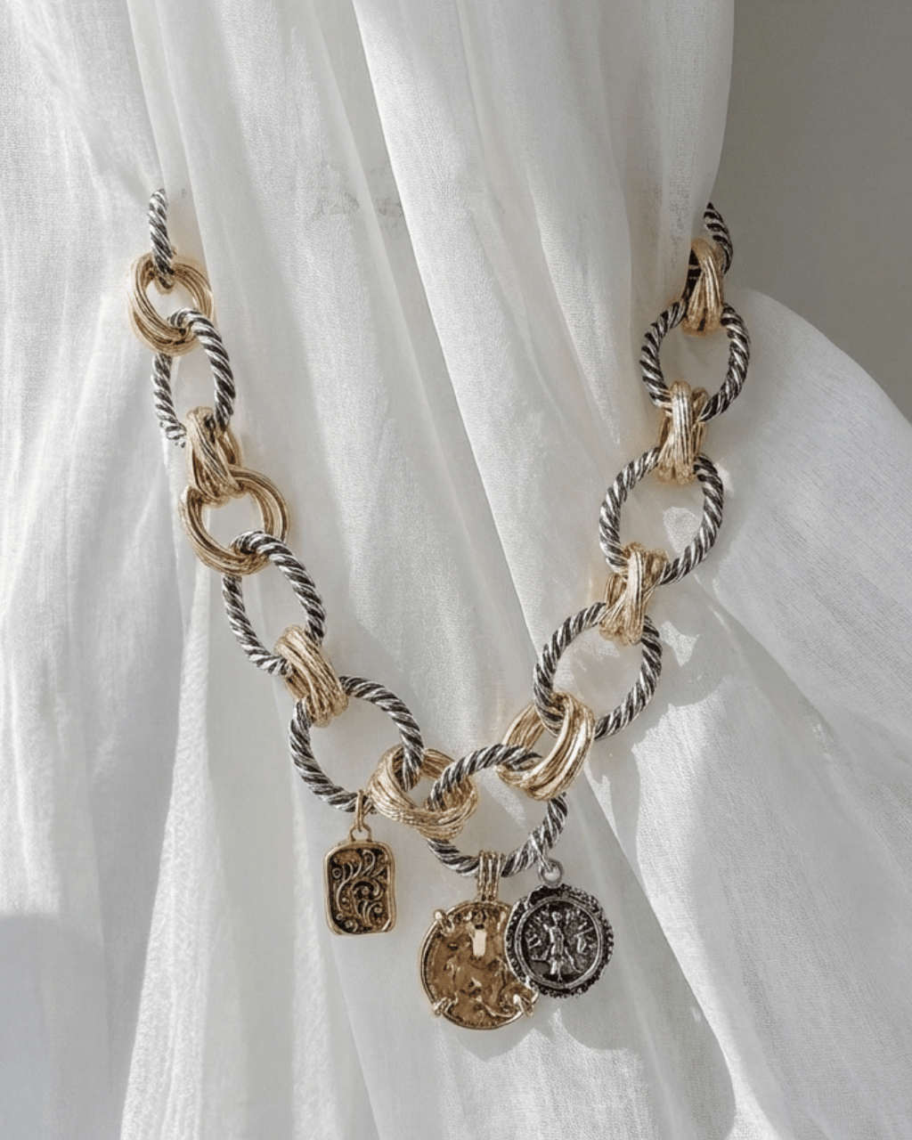 Alloy Duo Toned Roman Coin Chunky Necklace-W