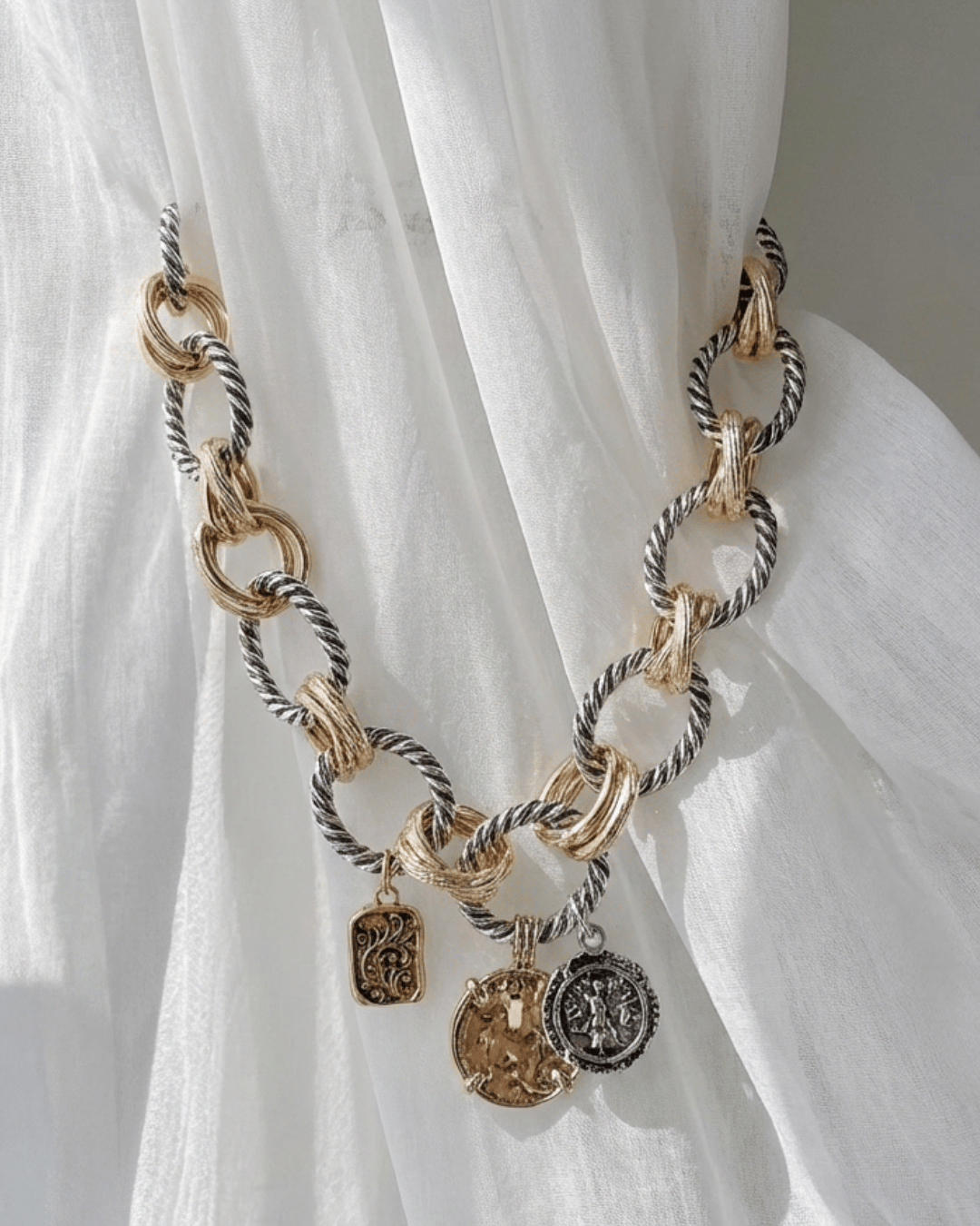 Alloy Duo Toned Roman Coin Chunky Necklace-W