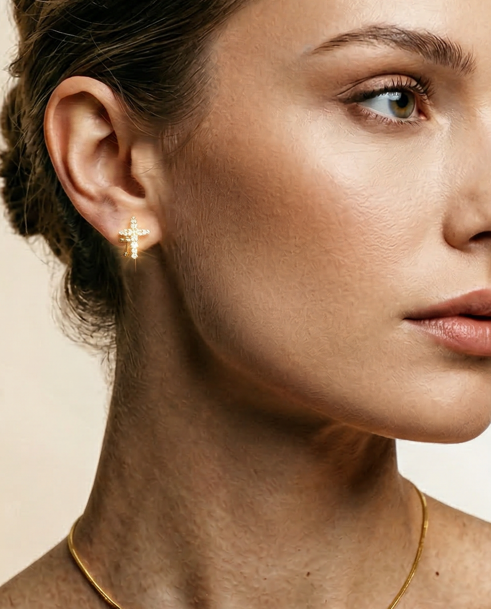 Gold Cross Jewelry Set – Catholic Necklace and Stud Earrings