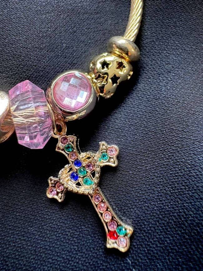 Pink Crystal & Faith Cross Charm Statement Bracelets-W: Faith Crystal Charm Statement Bracelet