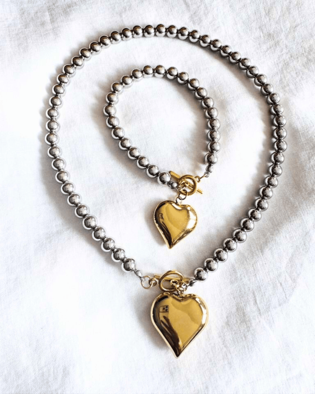 Silver Beaded Gold Charm Necklace & Bracelet Set-W