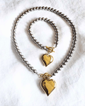 Silver Beaded Gold Charm Necklace & Bracelet Set-W