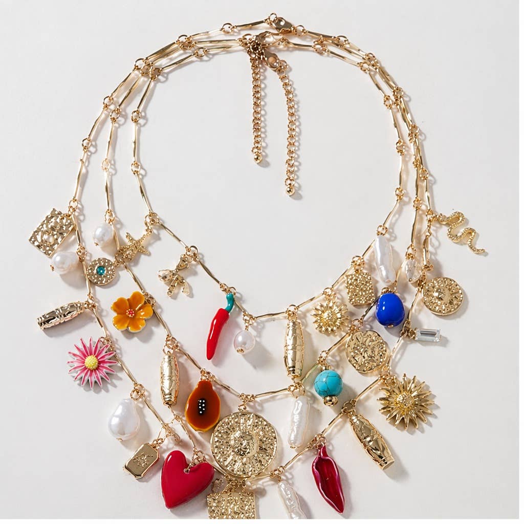 Layered Alloy Sunflower and Snake Charm Necklace