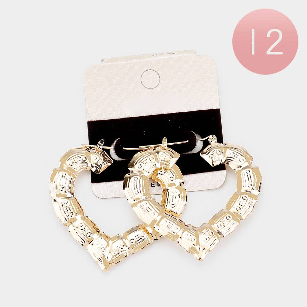Metal Bamboo Heart Pin Catch Earrings: Gold