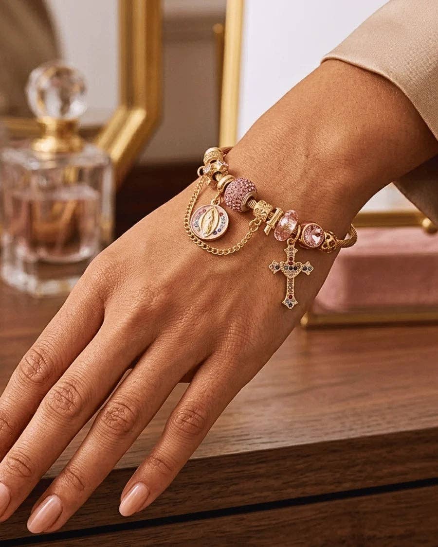 Pink Crystal & Faith Cross Charm Statement Bracelets-W: Faith Crystal Charm Statement Bracelet